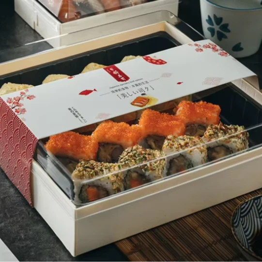 Egyedi logó biológiailag lebomló fa sushi doboz eldobható elvihető Bento tálca nagykereskedelmi gyártó